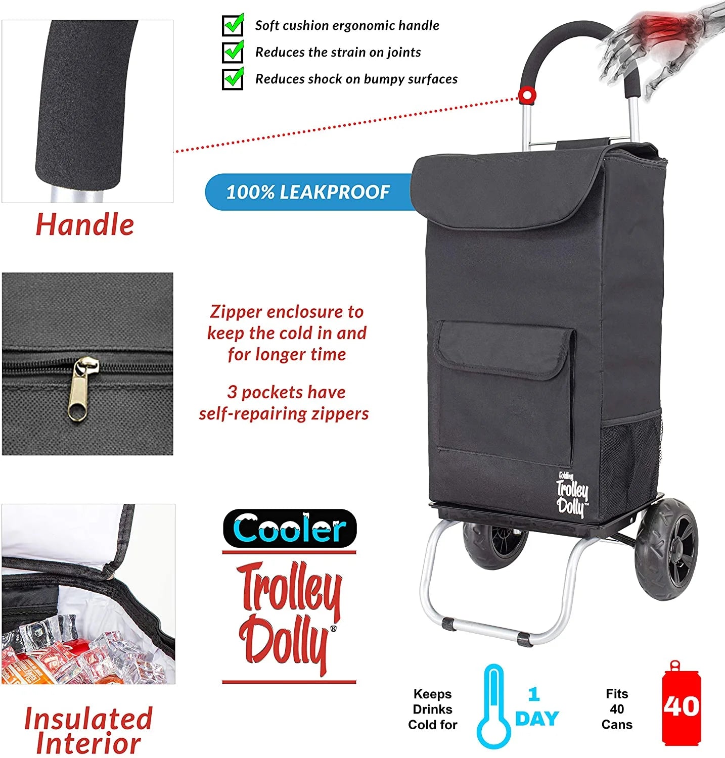 Cooler Trolley Dolly, Black Insulated Cooler Bag Folding Collapsible Rolling Shopping Grocery Tailgating Bbq Beer Ice Cart
