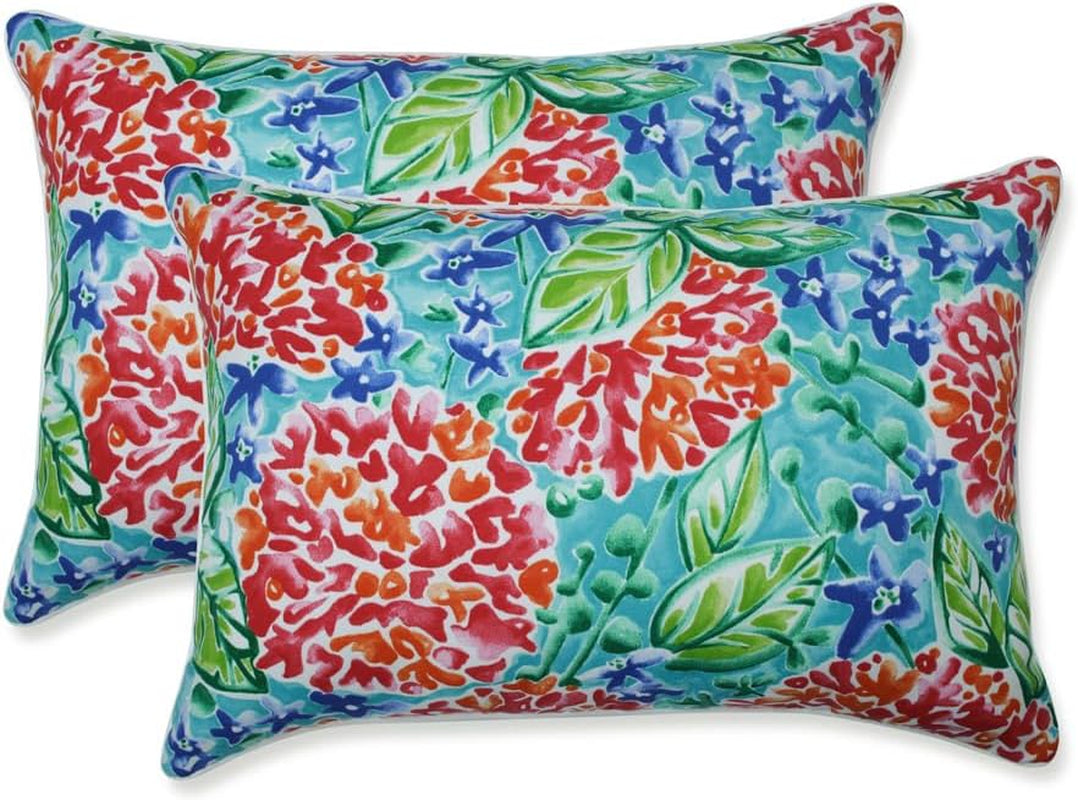 Floral Indoor/Outdoor Accent Throw Pillow Plush Fill, Weather, and Fade Resistant, Lumbar - 11.5" X 18.5", Blue/Brown Pom Pom Play 2 Count
