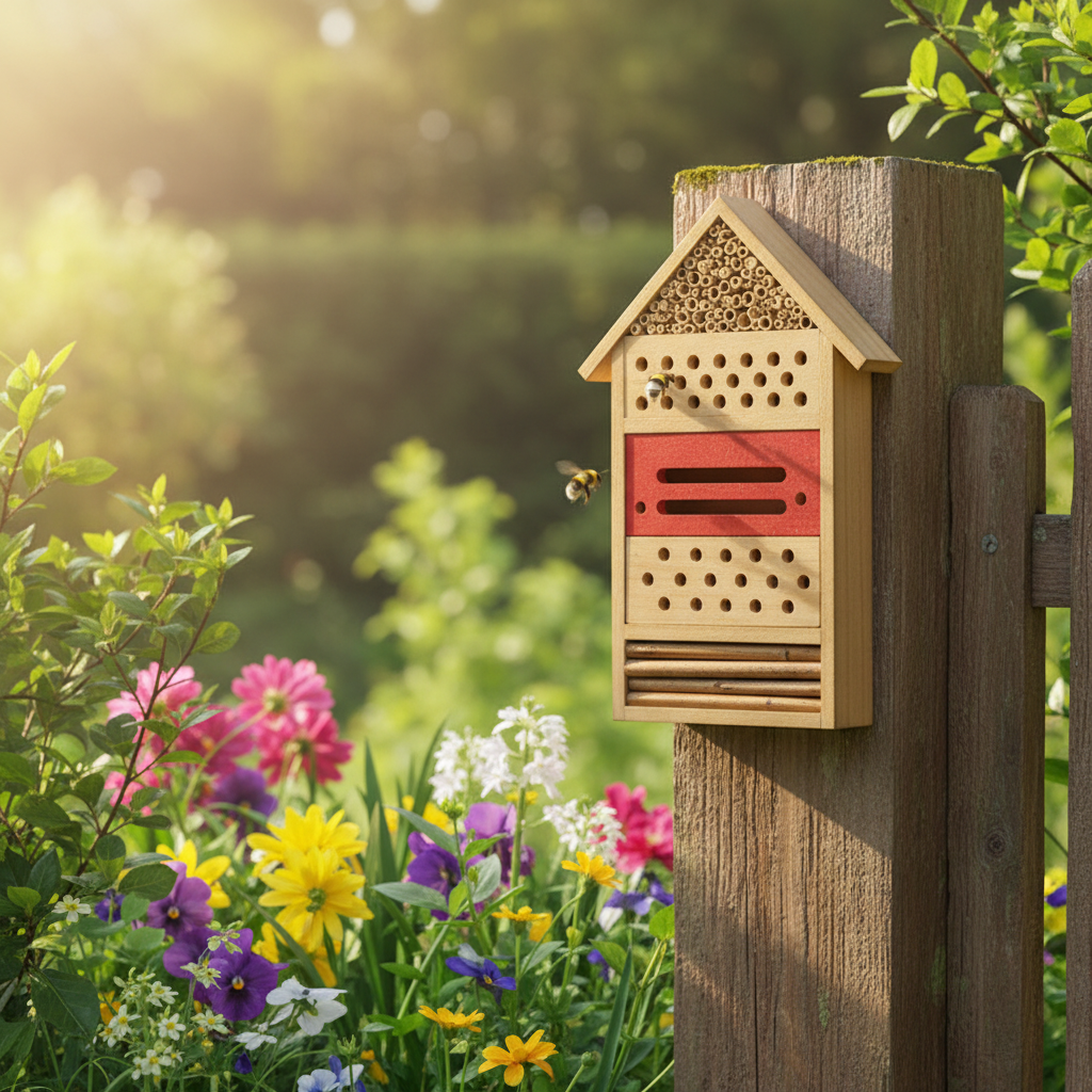Wooden insect hotel with red door and measurements on a white background