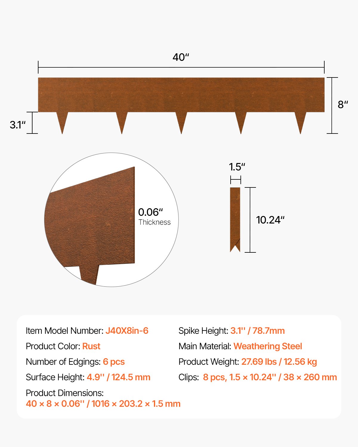 Weathering Steel Landscape Edging - 6 Pack 40" x 8" Rust Finish