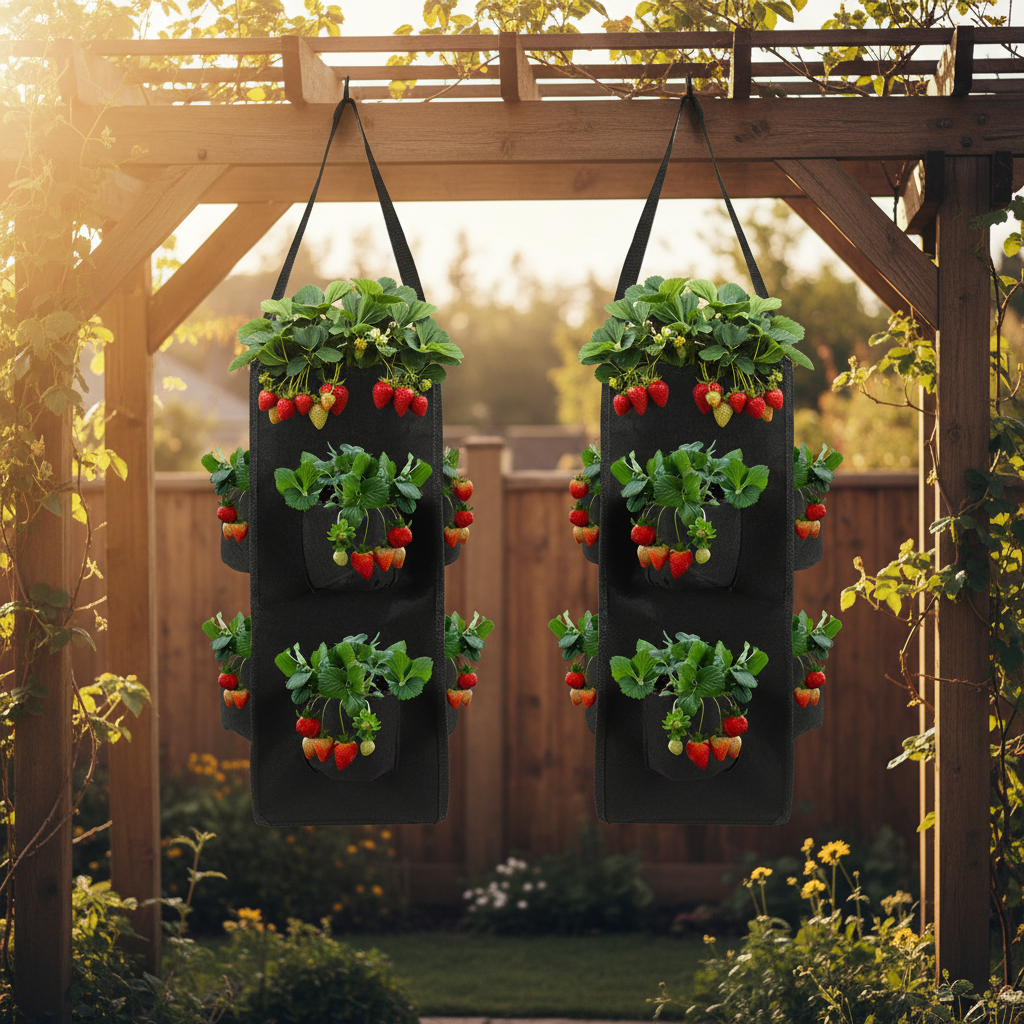 4-Pocket Vertical Felt Planter Bag – Hanging Strawberry & Herb Garden, Indoor & Outdoor