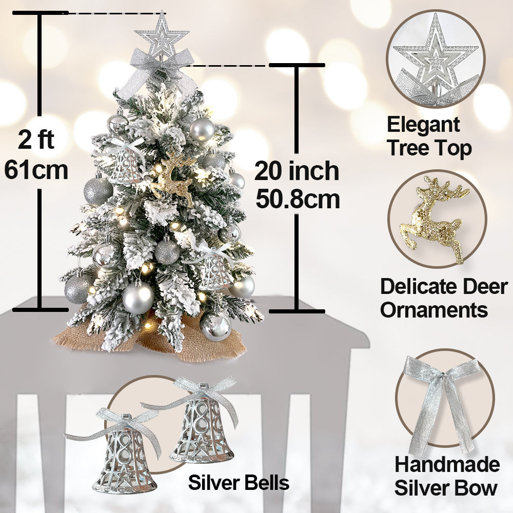 2ft Silver Flocked Mini Christmas Tree with LED Lights & Ornaments