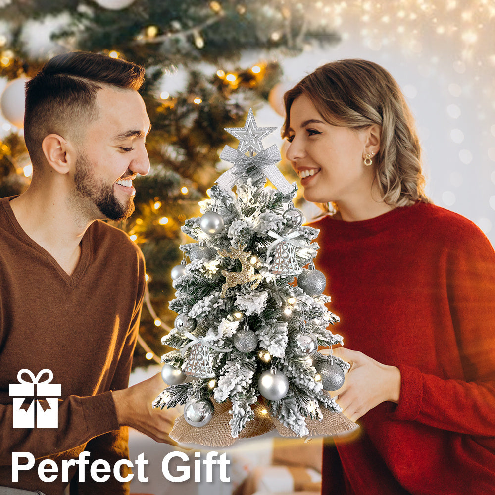 2ft Silver Flocked Mini Christmas Tree with LED Lights & Ornaments