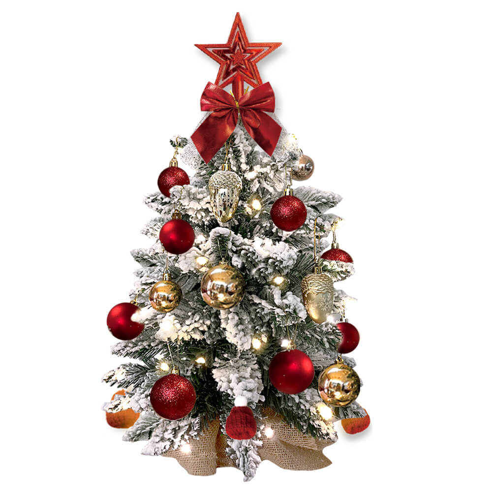 2ft Red Flocked Mini Christmas Tree with Ornaments & LED Lights