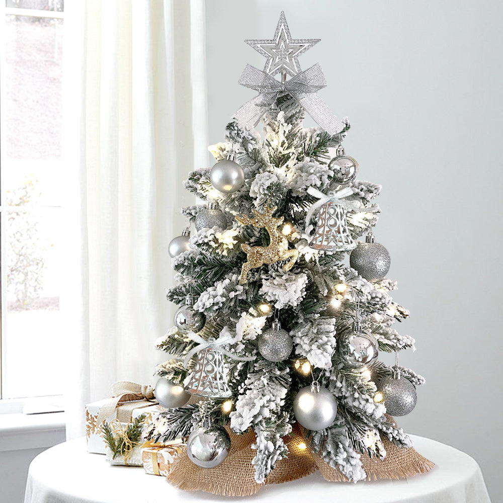 2ft Silver Flocked Mini Christmas Tree with LED Lights & Ornaments