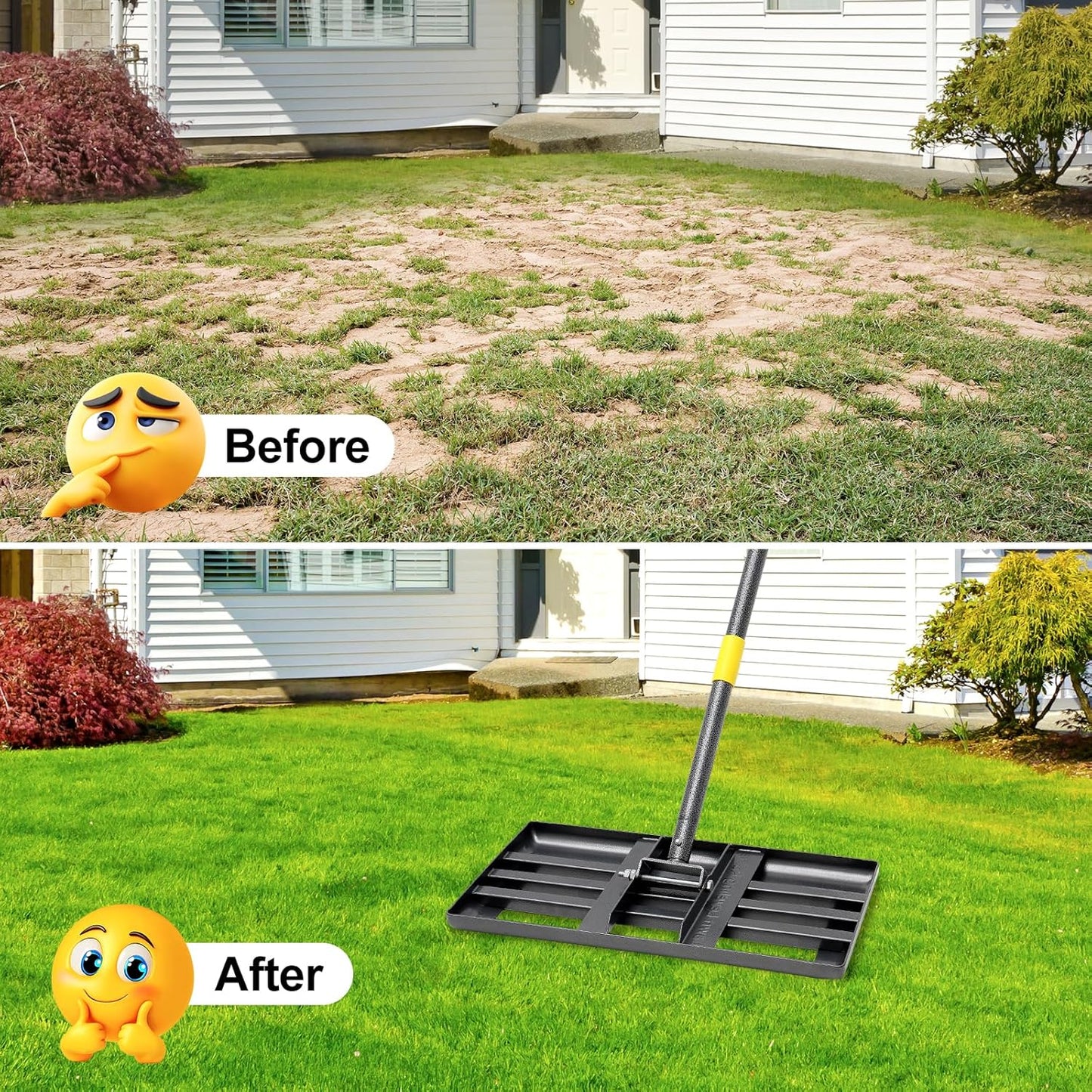 Lawn Leveling Rake, 6 FT Adjustable Long Handle Leveling Rake, Black Heavy Duty & 1 Inch Diameter Stainless Steel Handle Lawn Rakes, Lawn Leveler Tool for Soil Grass Golf Field Yard