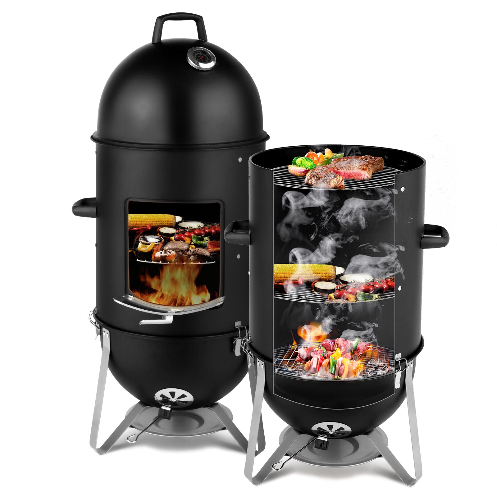 Black double barrel smoker with food cooking inside on a white background