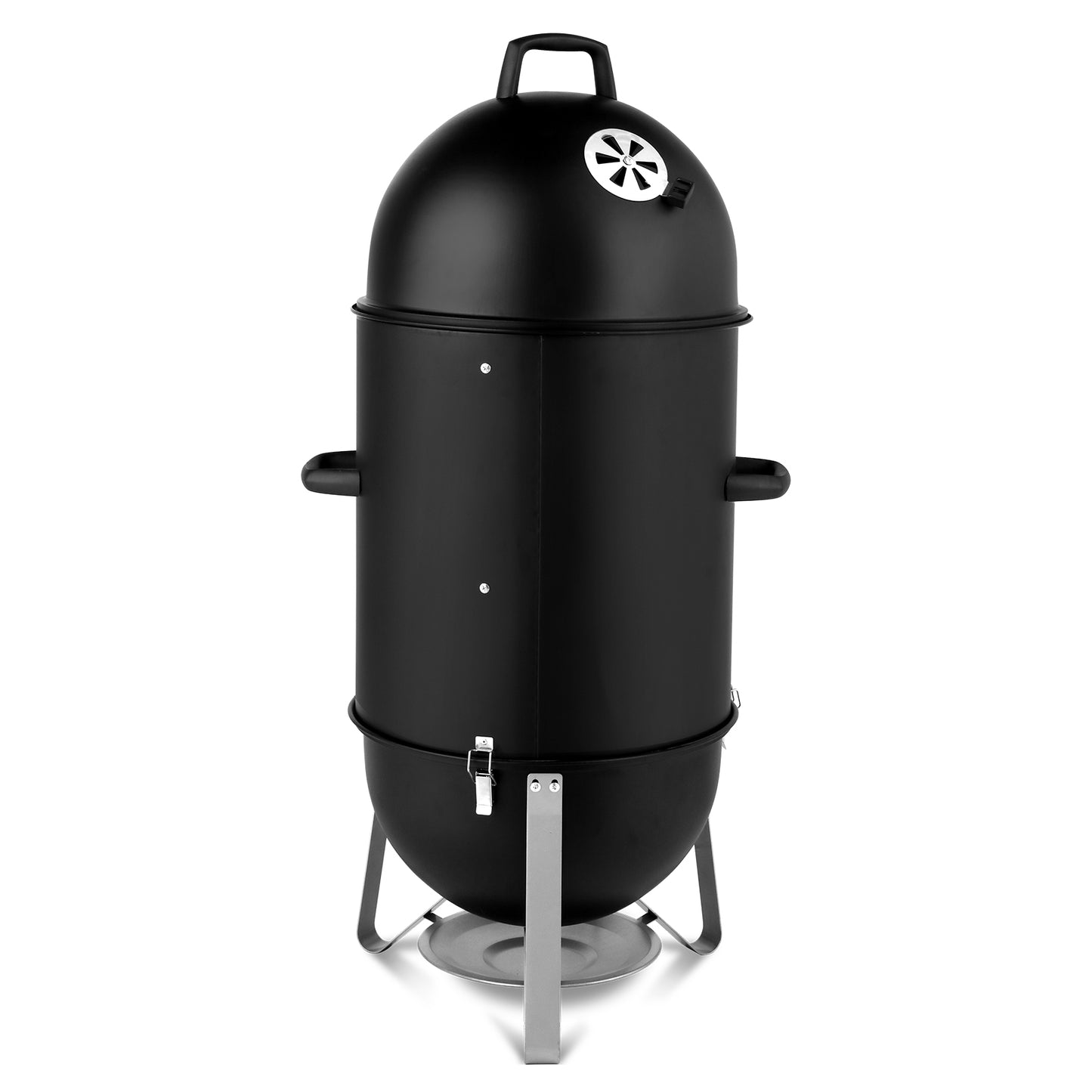 Black cylindrical smoker with a lid on a white background