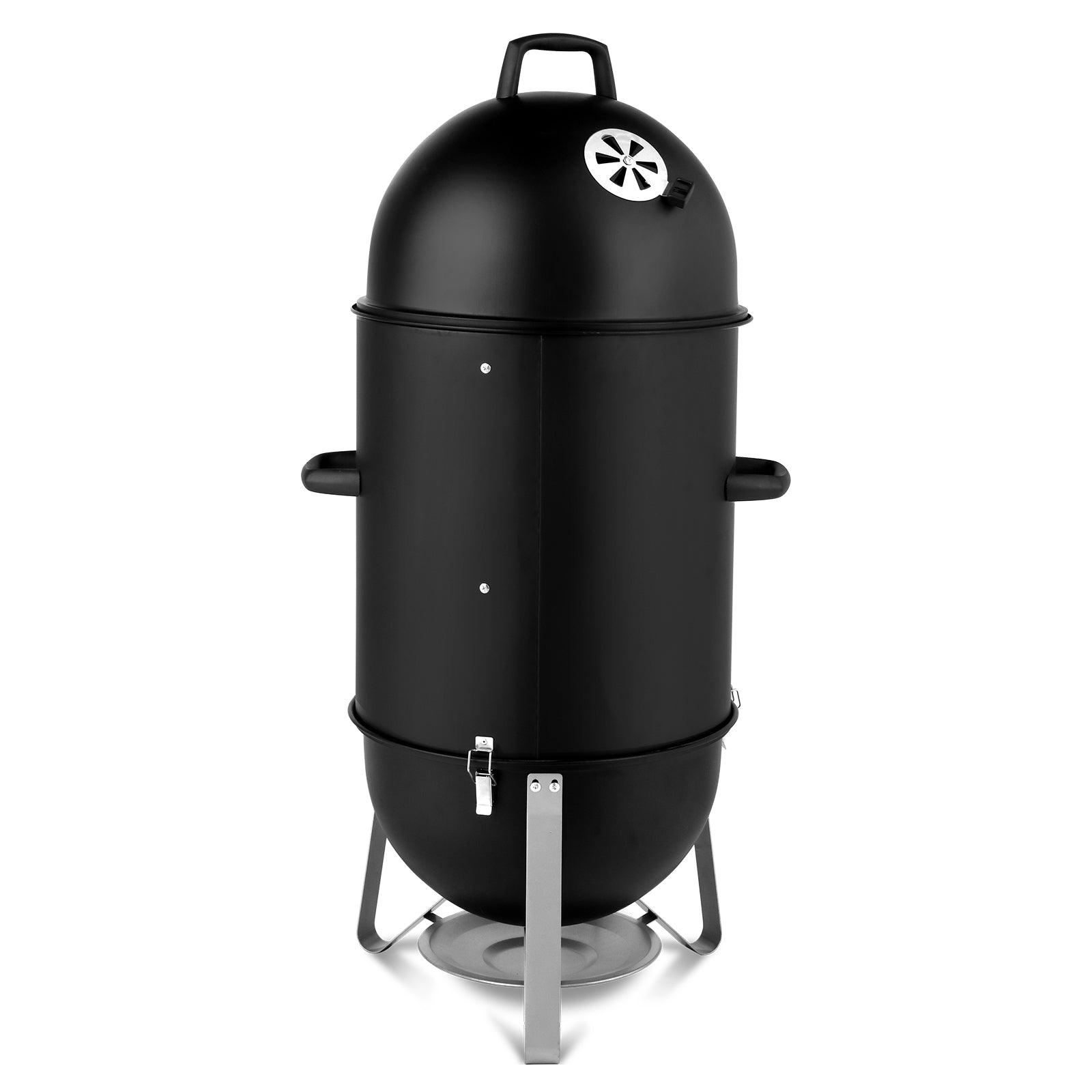 Black cylindrical smoker with a lid on a white background