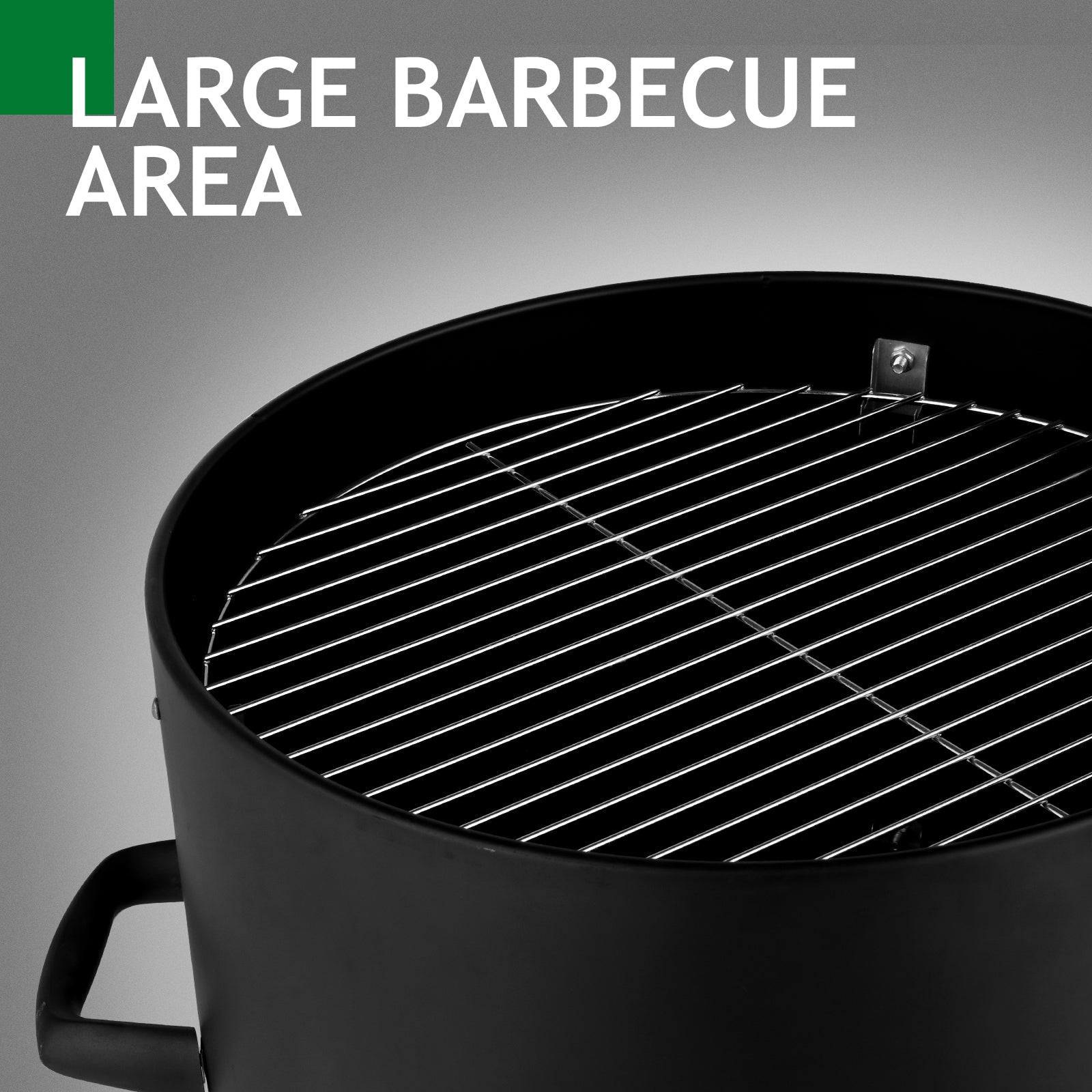 Black barbecue grill with a large barbecue area text on a gray background