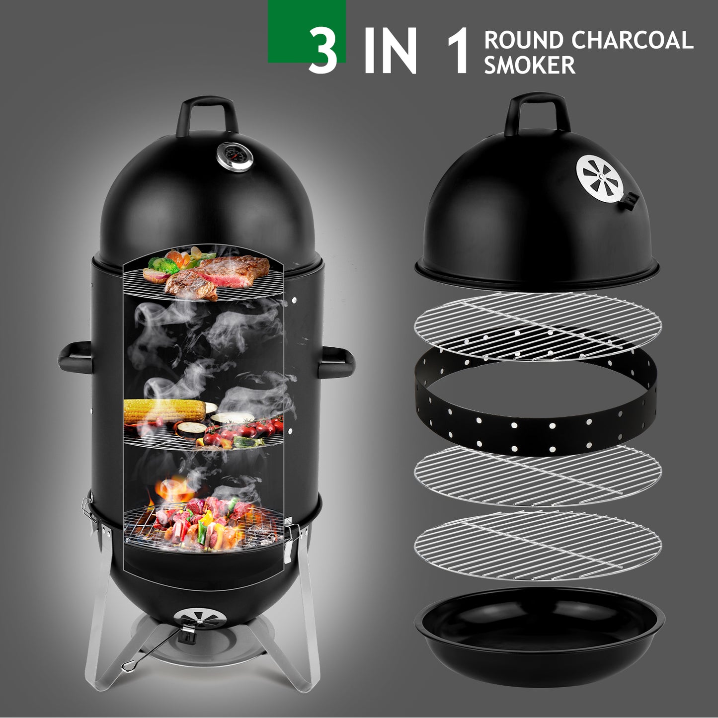 3-Layer Vertical Charcoal Smoker with Thermometer - 18.8" Heavy Duty BBQ