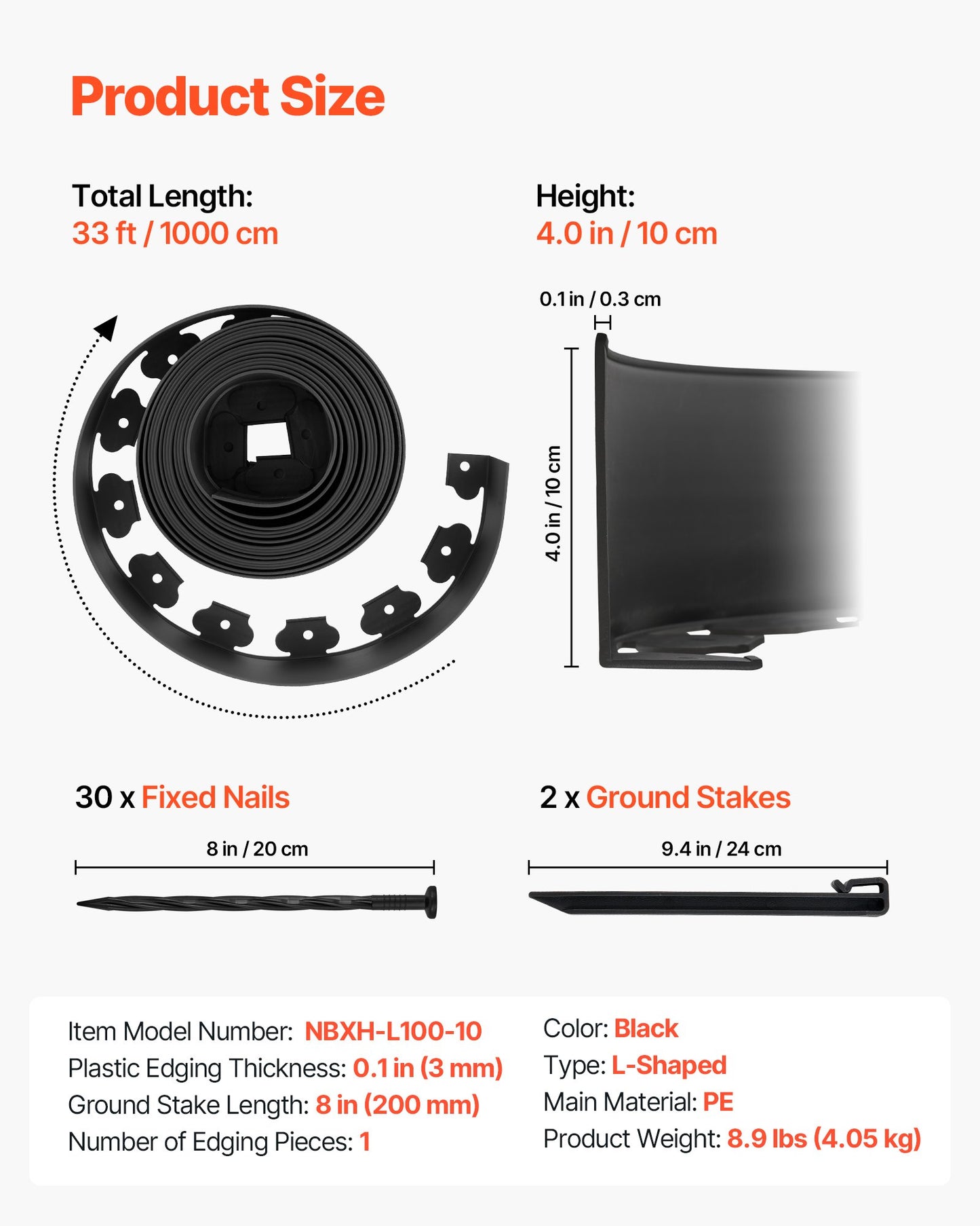 33 ft x 4 in Flexible Landscape Edging with 30 Spikes and 2 Stakes