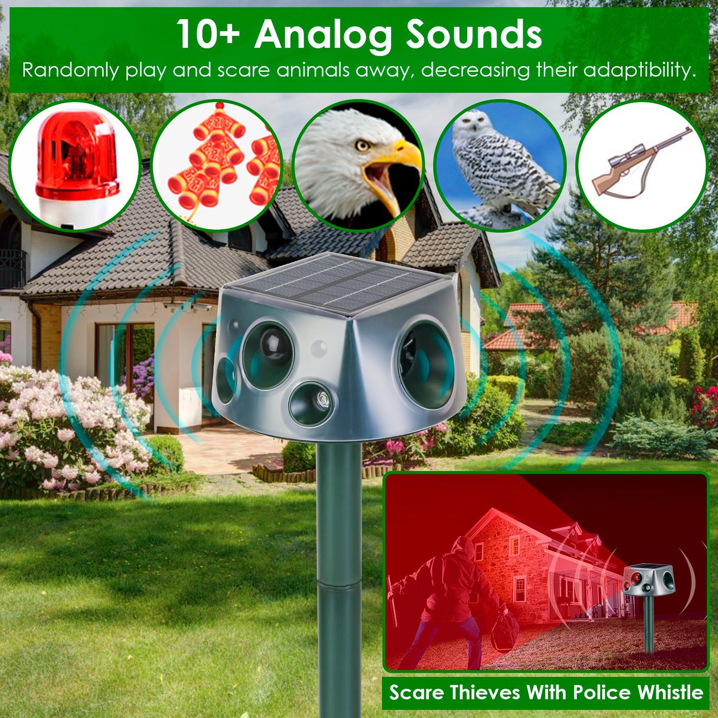 Solar Ultrasonic Animal Repeller - Motion Activated Pest Deterrent Stake