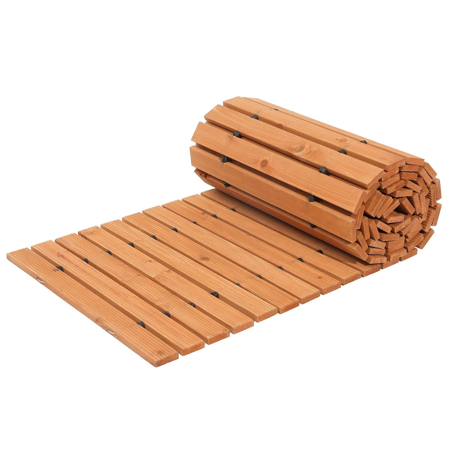 Roll of wooden decking planks on a white background