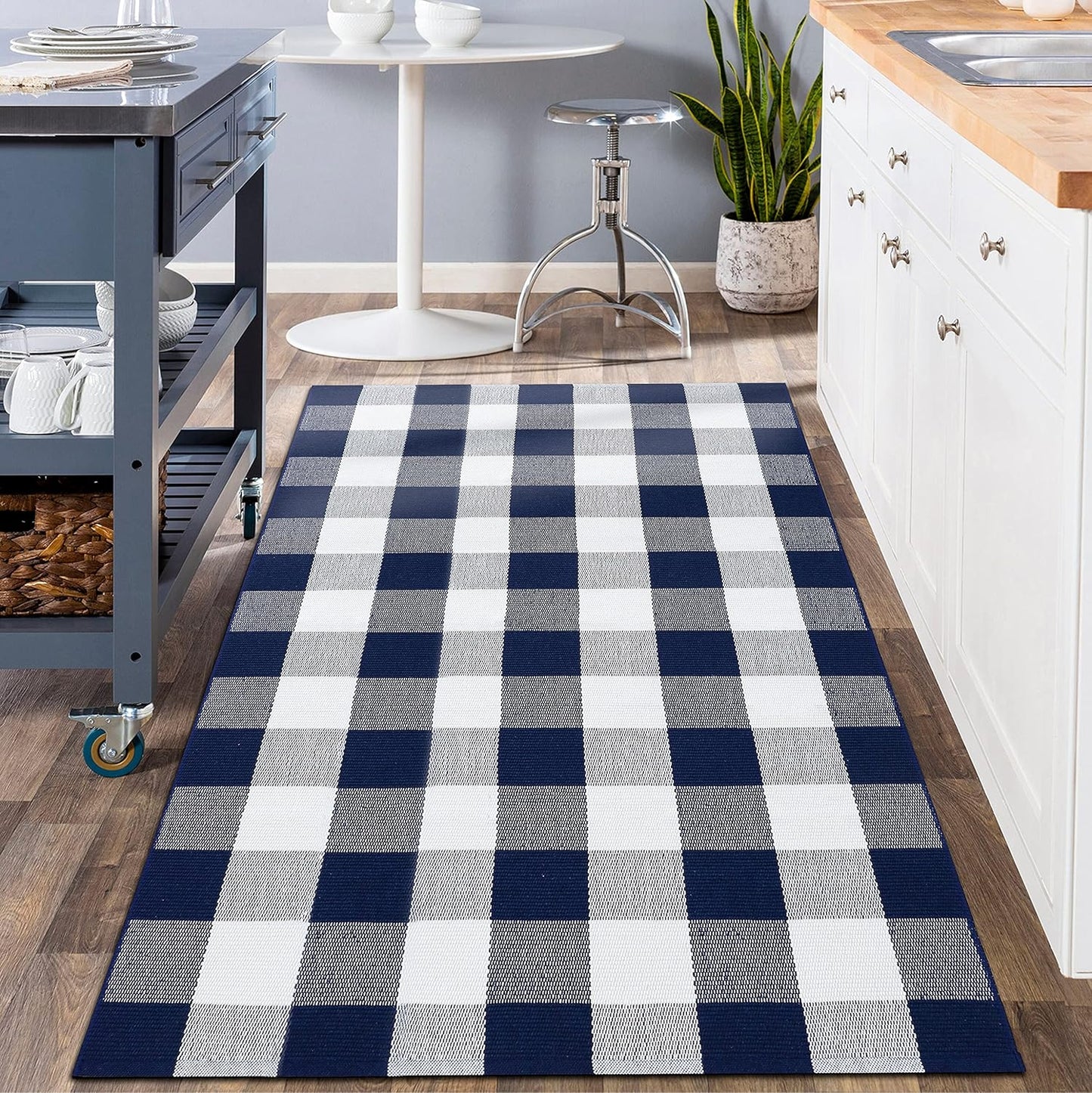 Buffalo Plaid Outdoor Rug Navy Blue 3'X5', Cotton Hand-Woven Checkered Door Mat, Reversible Foldable Washable Outdoor Rug for Layered Door Mats Porch/Front Door (35.4''X59'')