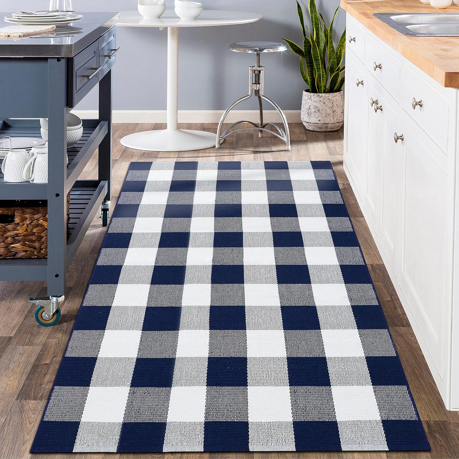Buffalo Plaid Outdoor Rug Navy Blue 3'X5', Cotton Hand-Woven Checkered Door Mat, Reversible Foldable Washable Outdoor Rug for Layered Door Mats Porch/Front Door (35.4''X59'')