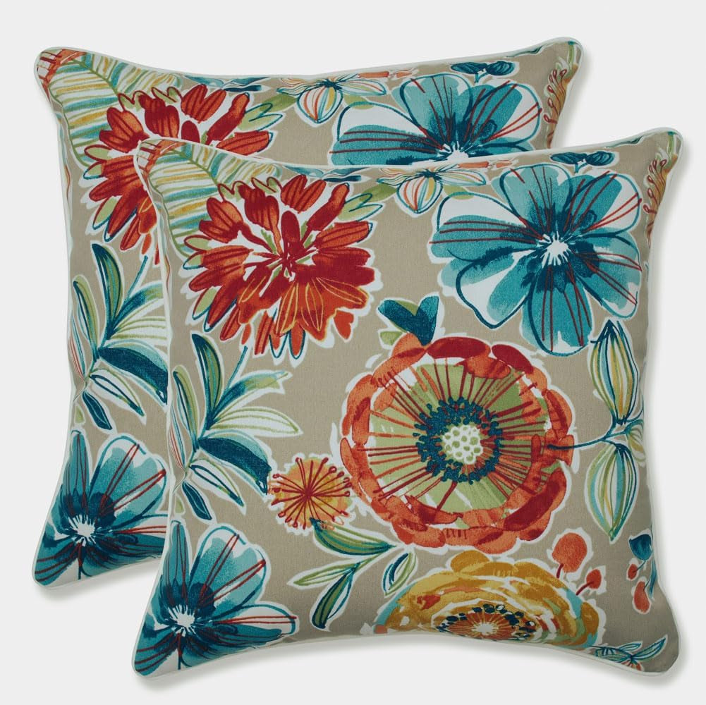 Floral Indoor/Outdoor Accent Throw Pillow Plush Fill, Weather, and Fade Resistant, Lumbar - 11.5" X 18.5", Blue/Brown Pom Pom Play 2 Count
