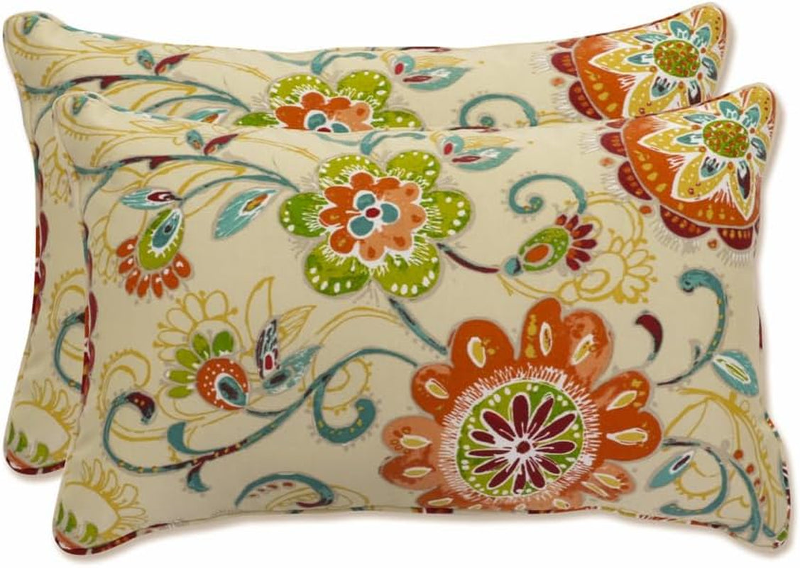Floral Indoor/Outdoor Accent Throw Pillow Plush Fill, Weather, and Fade Resistant, Lumbar - 11.5" X 18.5", Blue/Brown Pom Pom Play 2 Count
