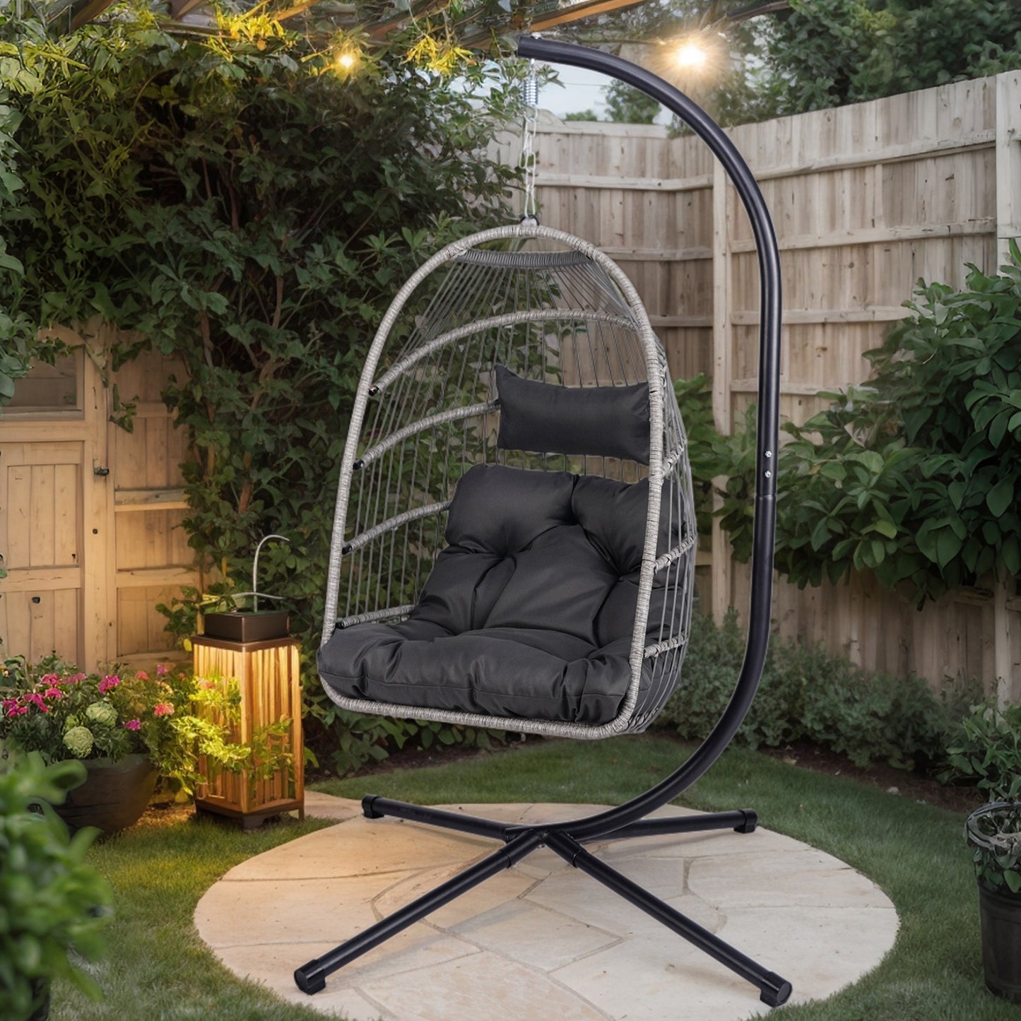 Gray Wicker Hanging Egg Chair – 350 lb Capacity, All-Weather, Foldable with Cushion