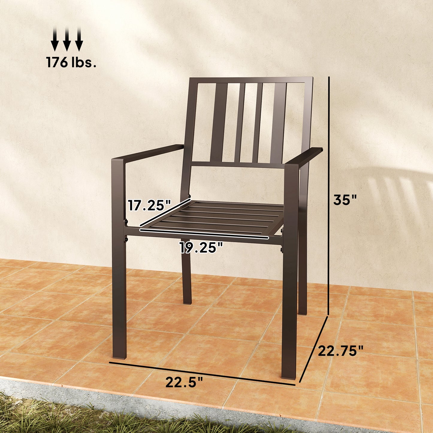 Stackable Metal Patio Dining Chairs with Slatted Design | Set of 2, Dark Brown