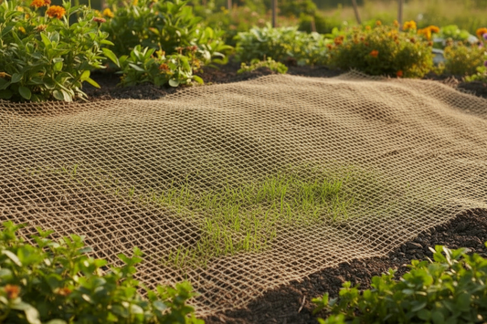 Garden bed with grid cover and plants in the background