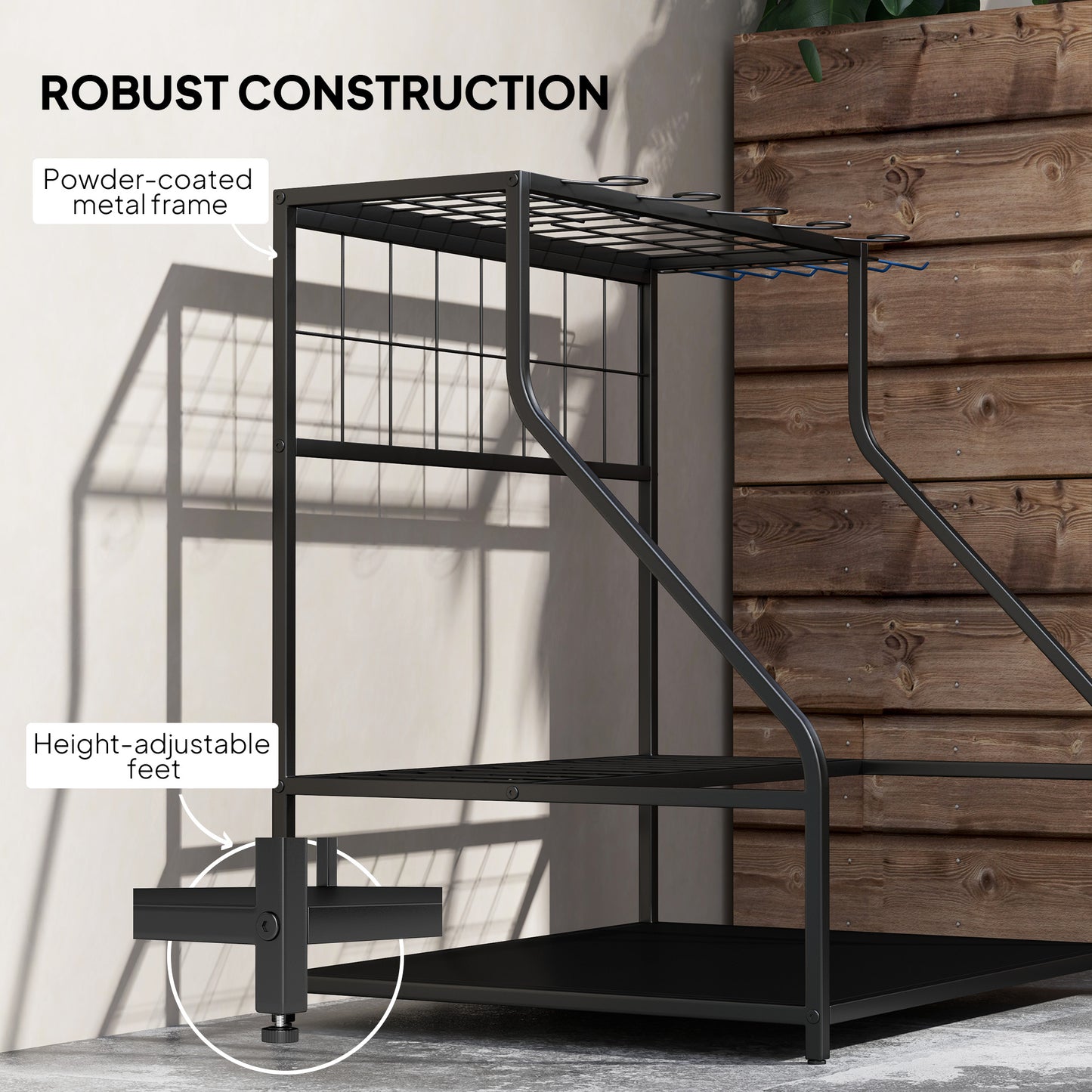 3-Tier Garden Tool Organizer Rack – Holds 20+ Tools with Hooks & Shelves