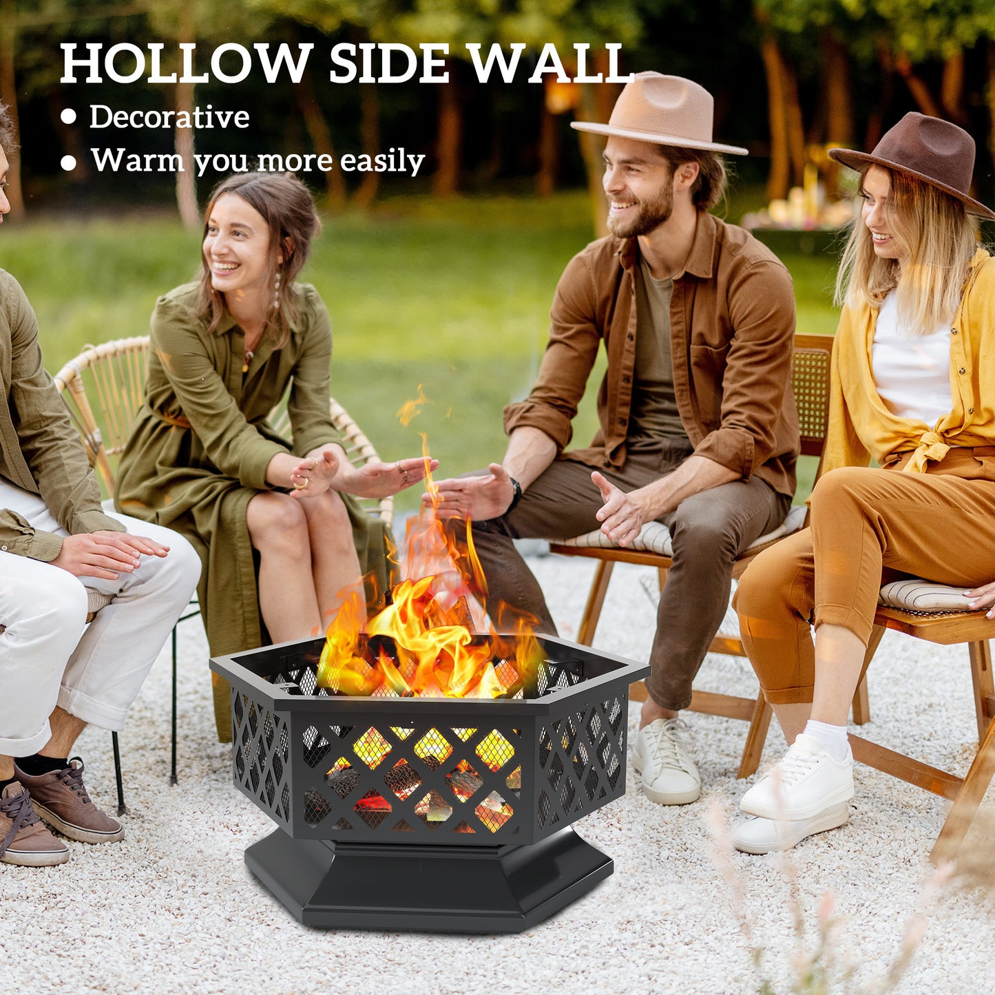 28" Hexagon Fire Pit with Grill – Wood Burning Outdoor Fireplace