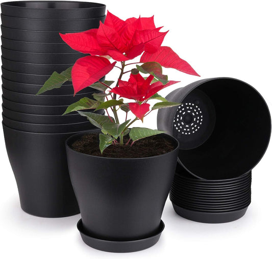Plant Pots, Set of 15 Plastic Planters with Multiple Drainage Holes and Tray 6 Inch Indoor Plant Pot for All Home Garden Flowers Succulents (Black)
