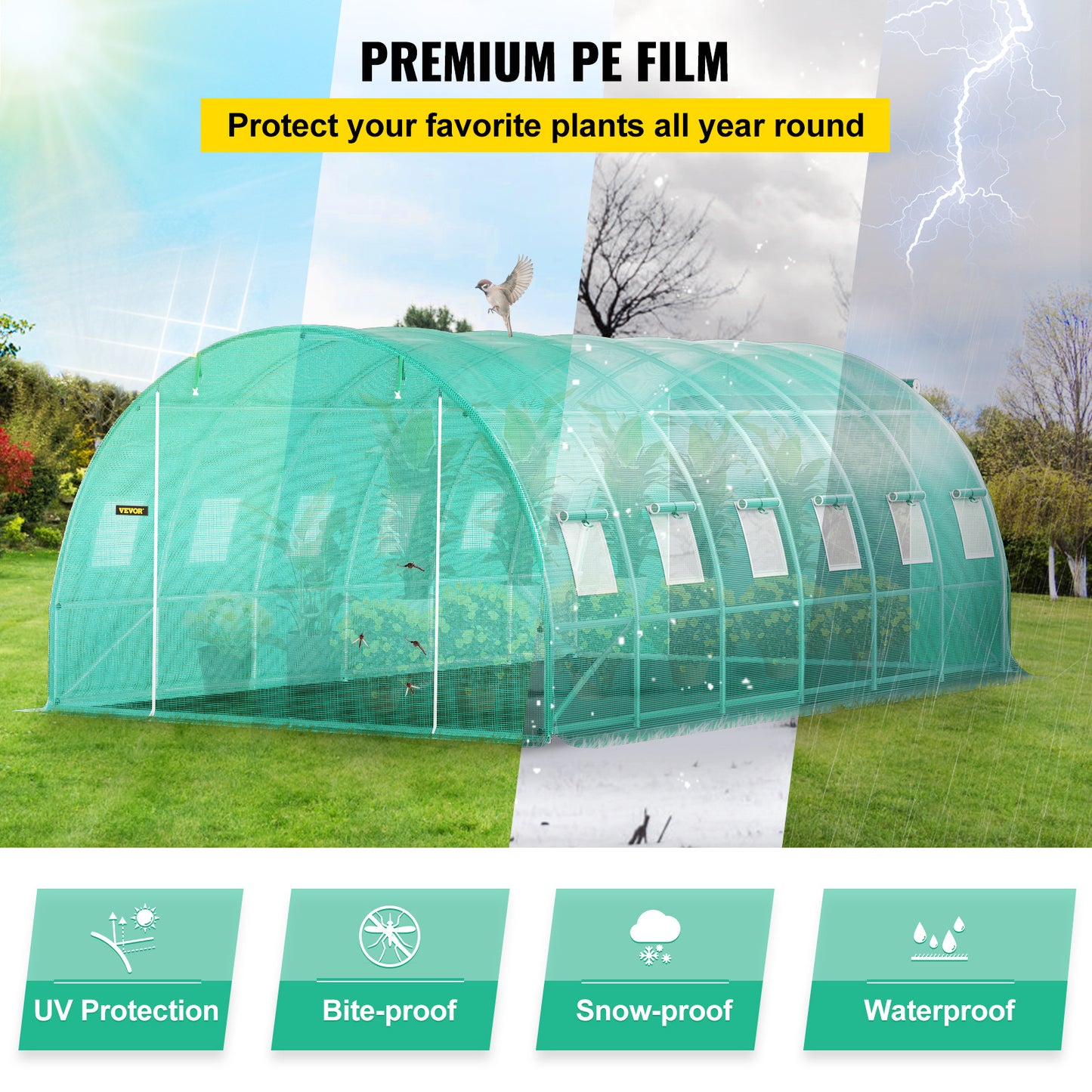 VEVOR 20×10×7 ft Walk-in Tunnel Greenhouse with Zippered Doors & Roll-up Windows