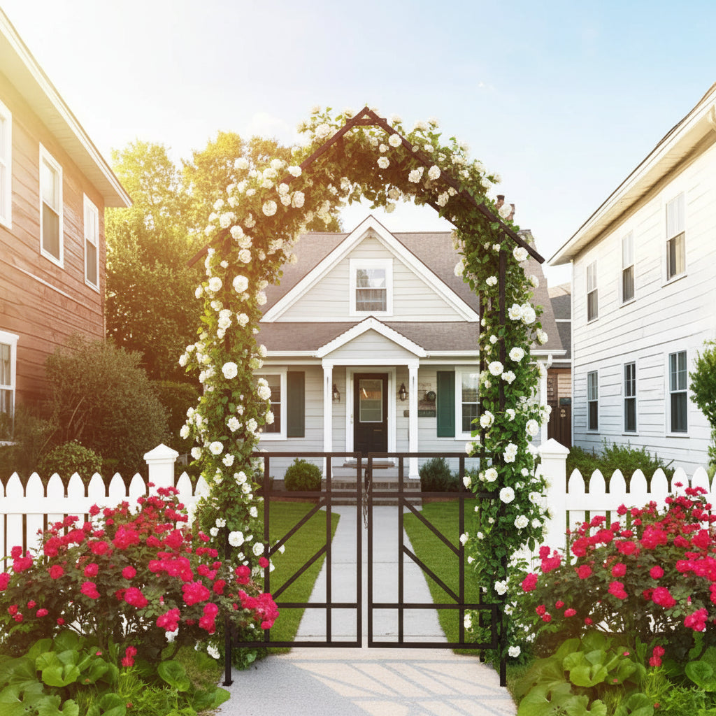 Black Metal Garden Arch with Gate for Climbing Plants