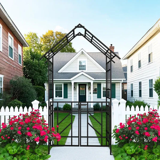 Metal Garden Arch with Gate for Climbing Plants and Garden Entryways, Black