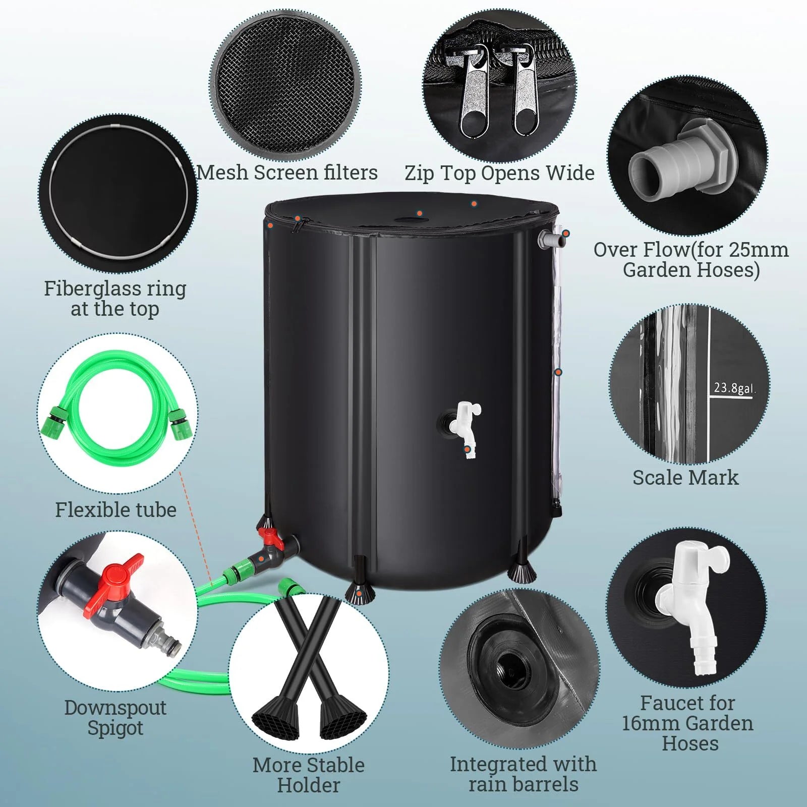 Collapsible Rain Barrel 53 Gallon Rainwater Collection Storage Tank with Garden Hose, Black