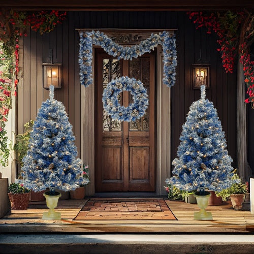 4-Piece Pre-Lit Blue Christmas Tree Set with Garland & Wreath