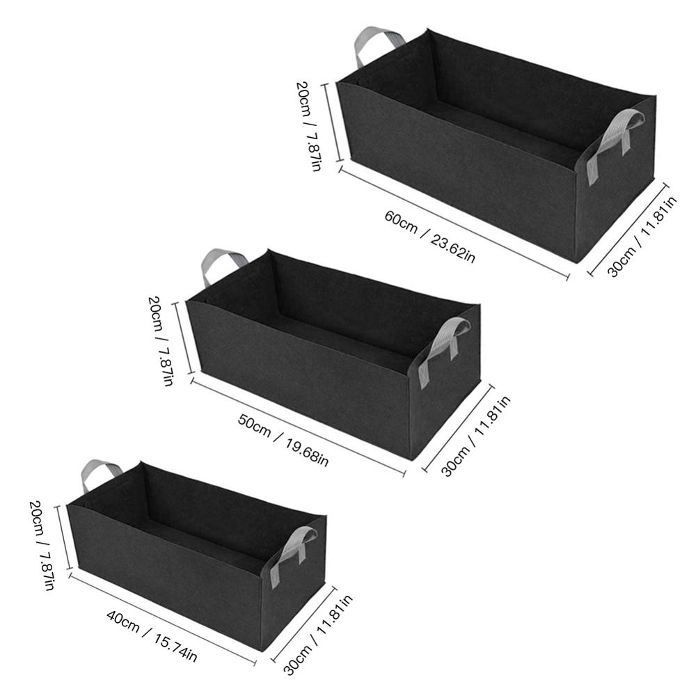 Set of three black rectangular growbags with handles, shown with measurements on a white background.