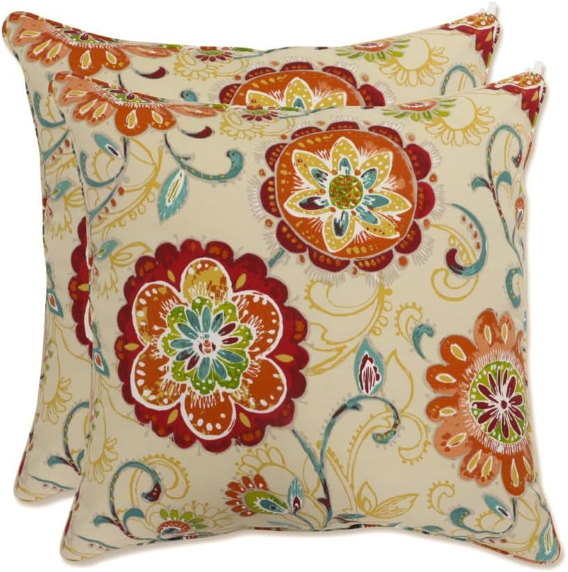 Floral Indoor/Outdoor Accent Throw Pillow Plush Fill, Weather, and Fade Resistant, Lumbar - 11.5" X 18.5", Blue/Brown Pom Pom Play 2 Count