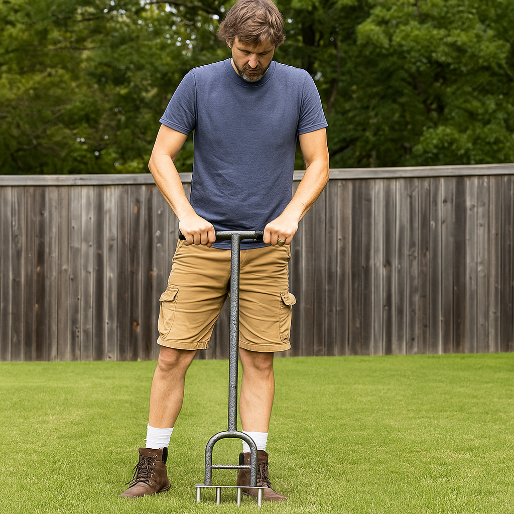 Lawn Core Aerator Tool - 4 Prong Manual Plug Aerator with 12" Weeder Hand Tool