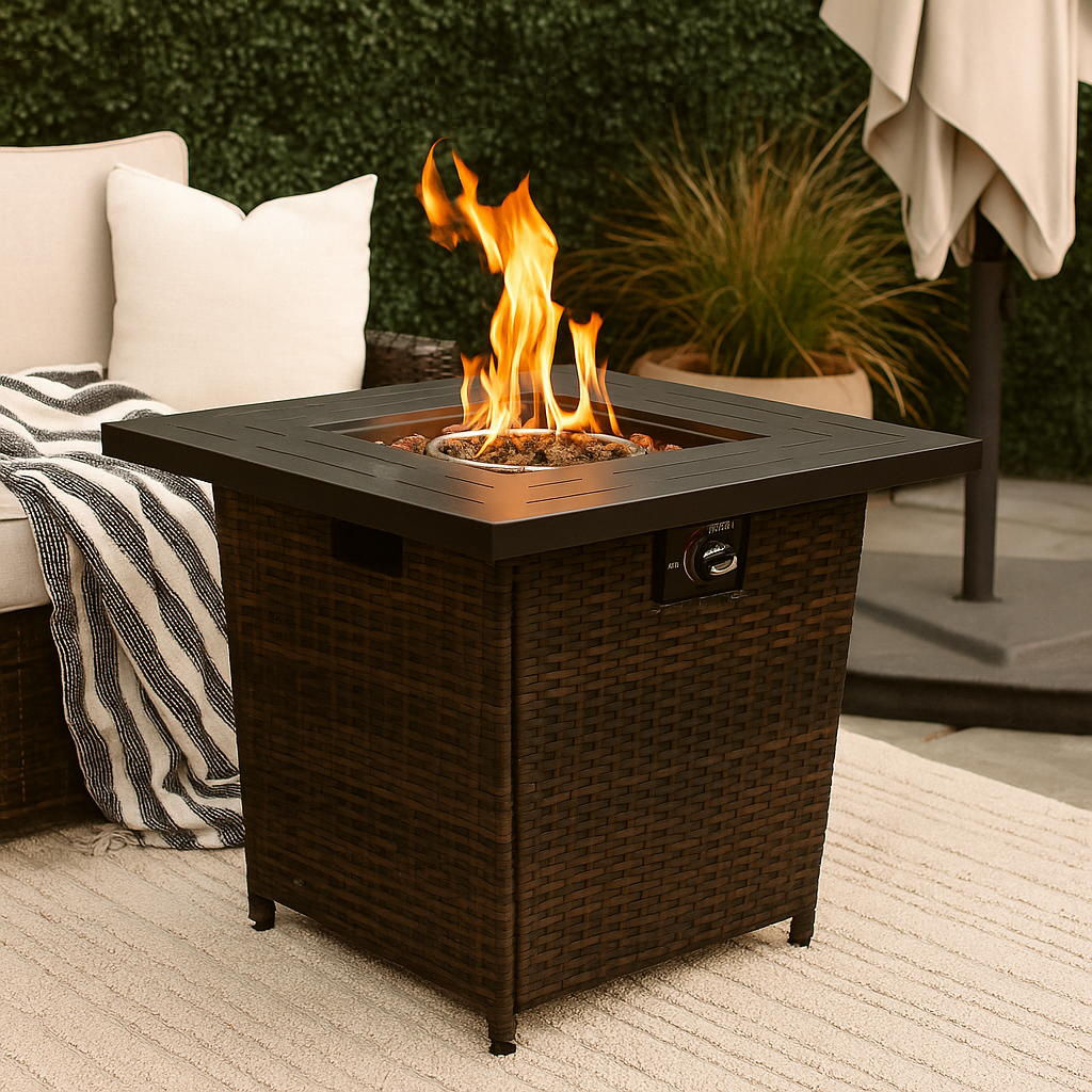 28" Wicker Square Fire Pit Table - 40000 BTU Propane Outdoor Patio
