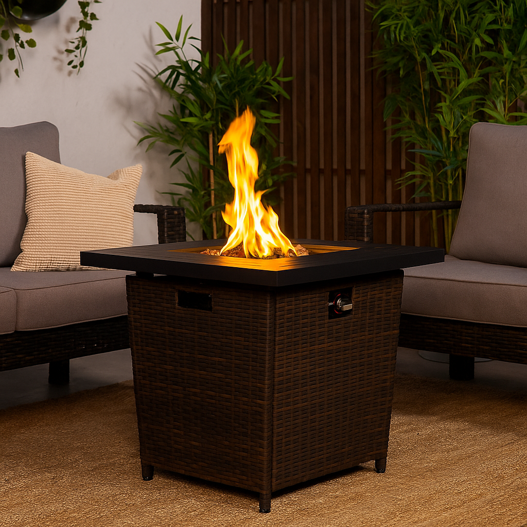 28" Wicker Square Fire Pit Table - 40000 BTU Propane Outdoor Patio