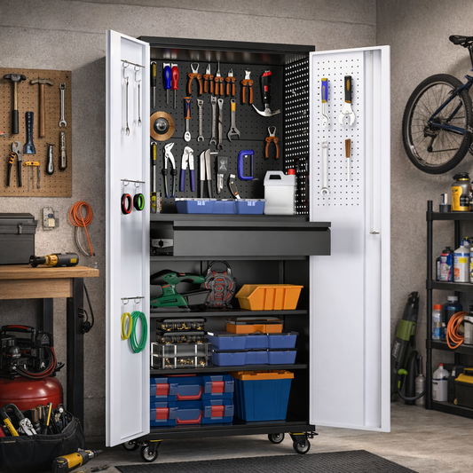 71" Rolling Tool Storage Cabinet with Pegboard & Lockable Drawer for Garage