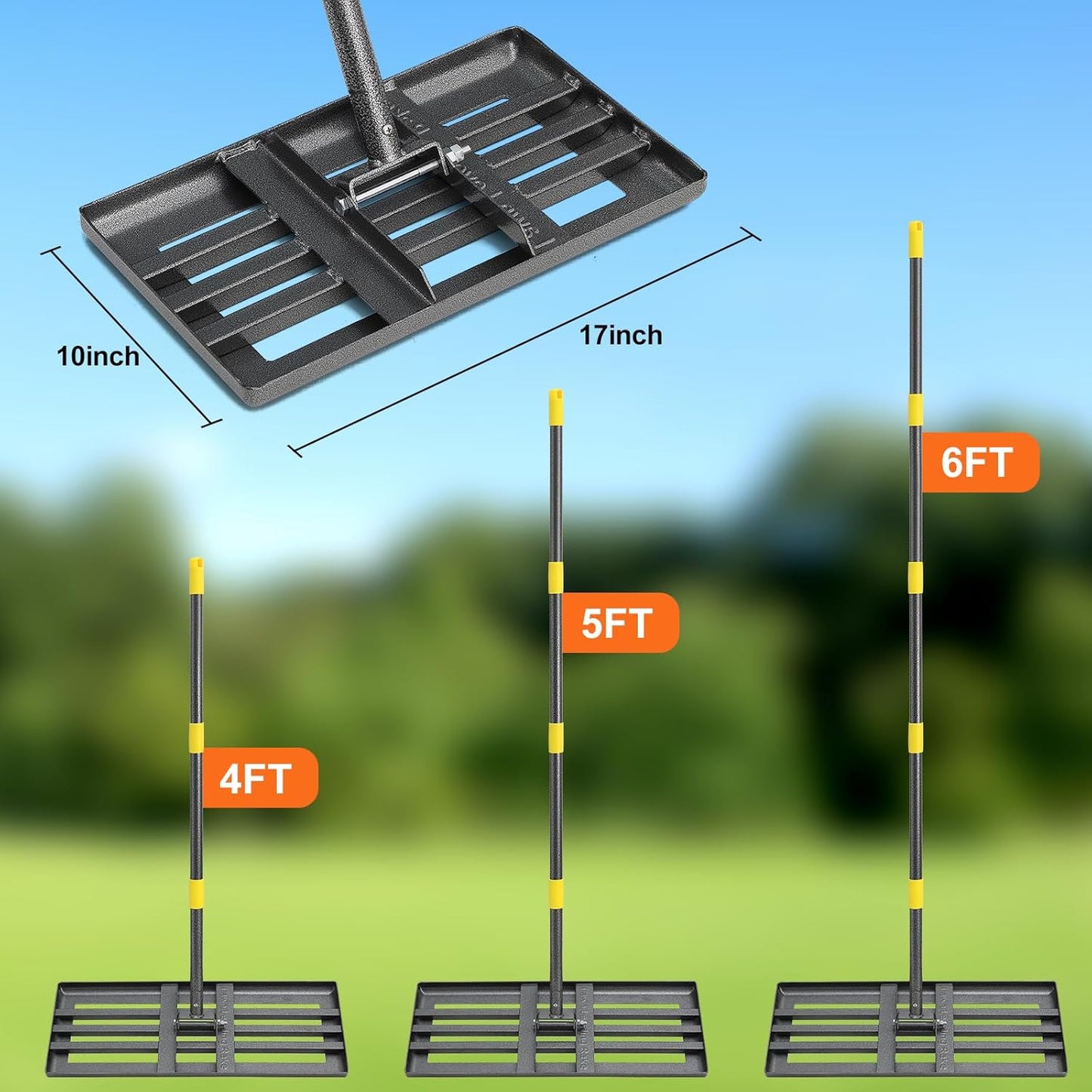 Lawn Leveling Rake, 6 FT Adjustable Long Handle Leveling Rake, Black Heavy Duty & 1 Inch Diameter Stainless Steel Handle Lawn Rakes, Lawn Leveler Tool for Soil Grass Golf Field Yard