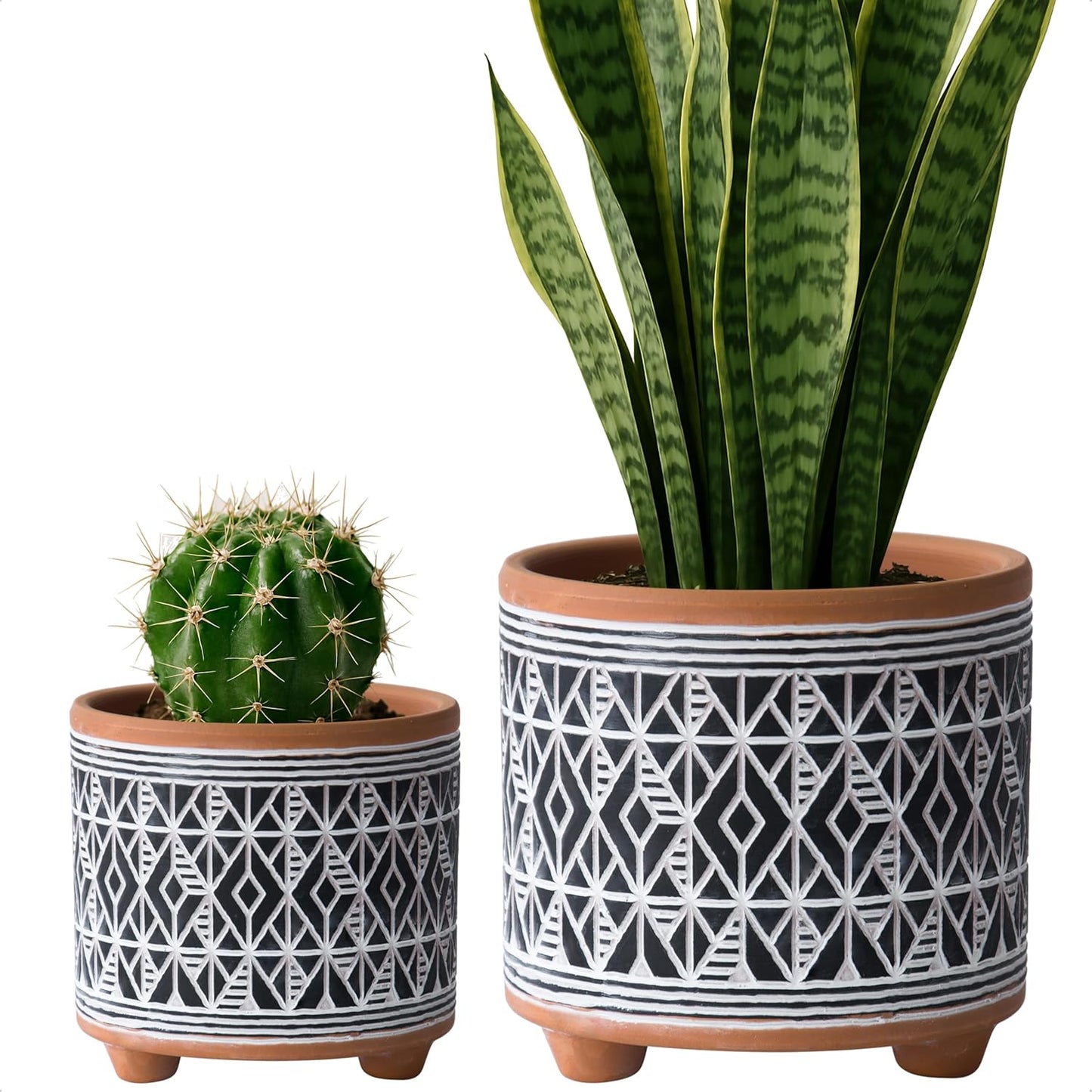 Set of 2 Terracotta Planter Pots, 4 Inch & 6 Inch, Design Plants Pot with Drainage Hole, Desert Mirage, Terracotta/White, 31-953-B-1