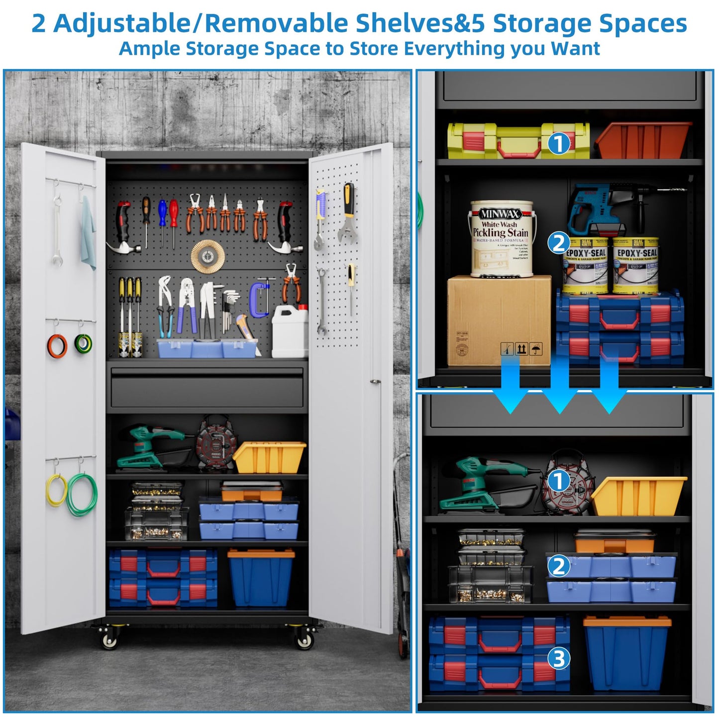 71" Heavy Duty Metal Storage Cabinet with Pegboard & Lockable Drawer