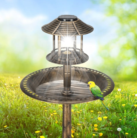 Solar Lighted Bird Bath with Antique Bronze Finish | Weather-Resistant, 42" Tall