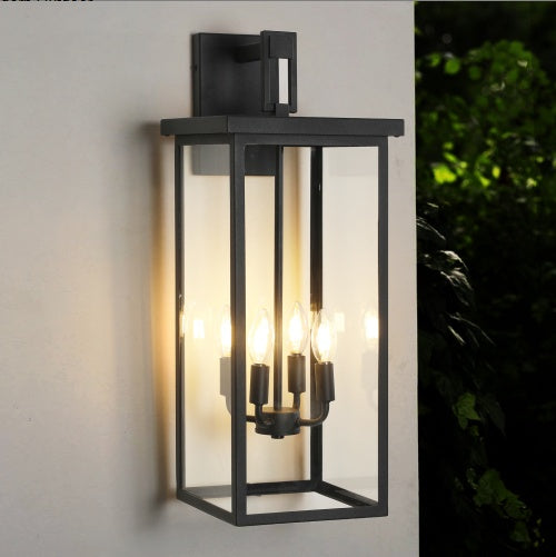 26" Modern Outdoor Wall Lantern - Black Metal Frame with Clear Glass