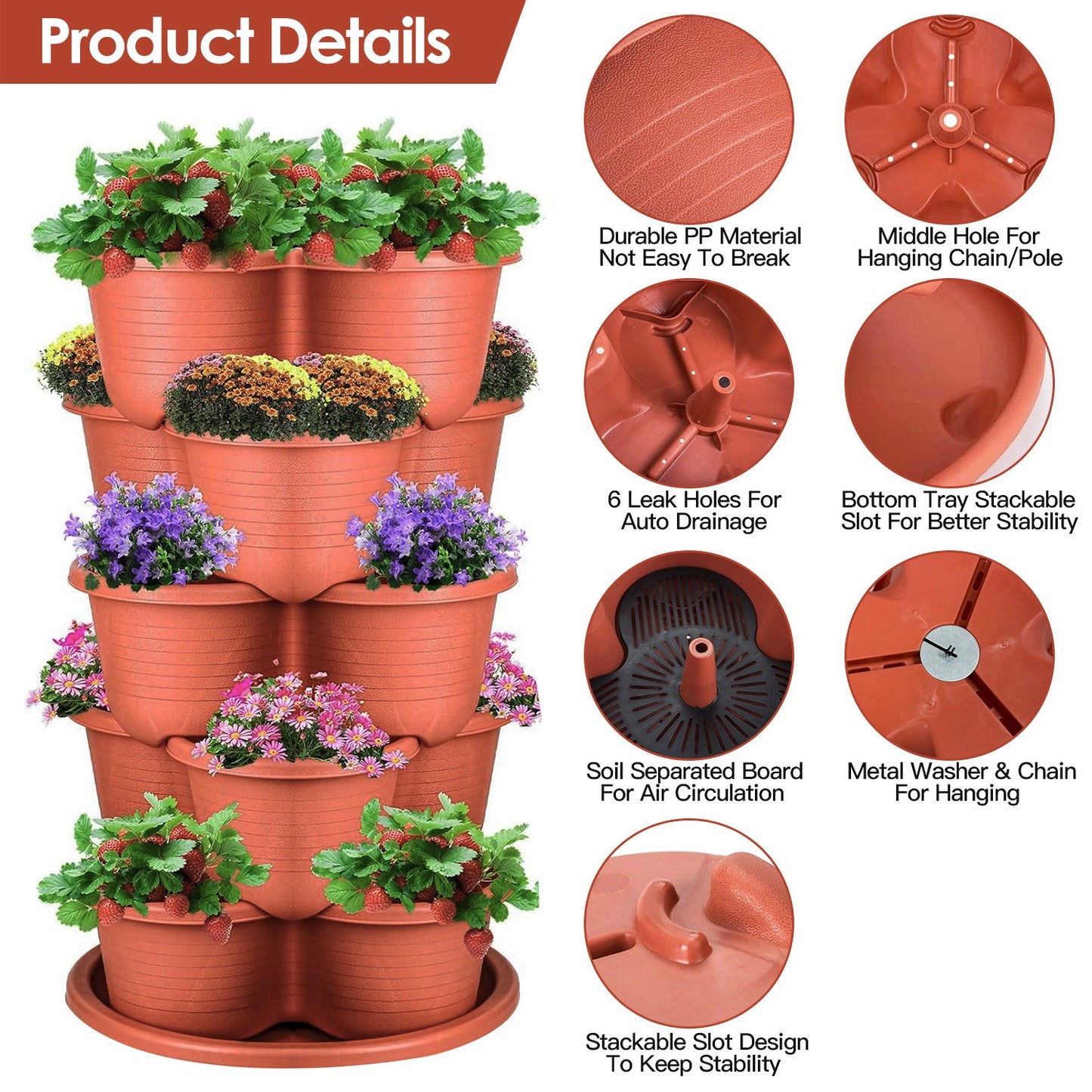 5-Tier Stackable Vertical Planter with Drainage & Hanging Chain — 13.4"