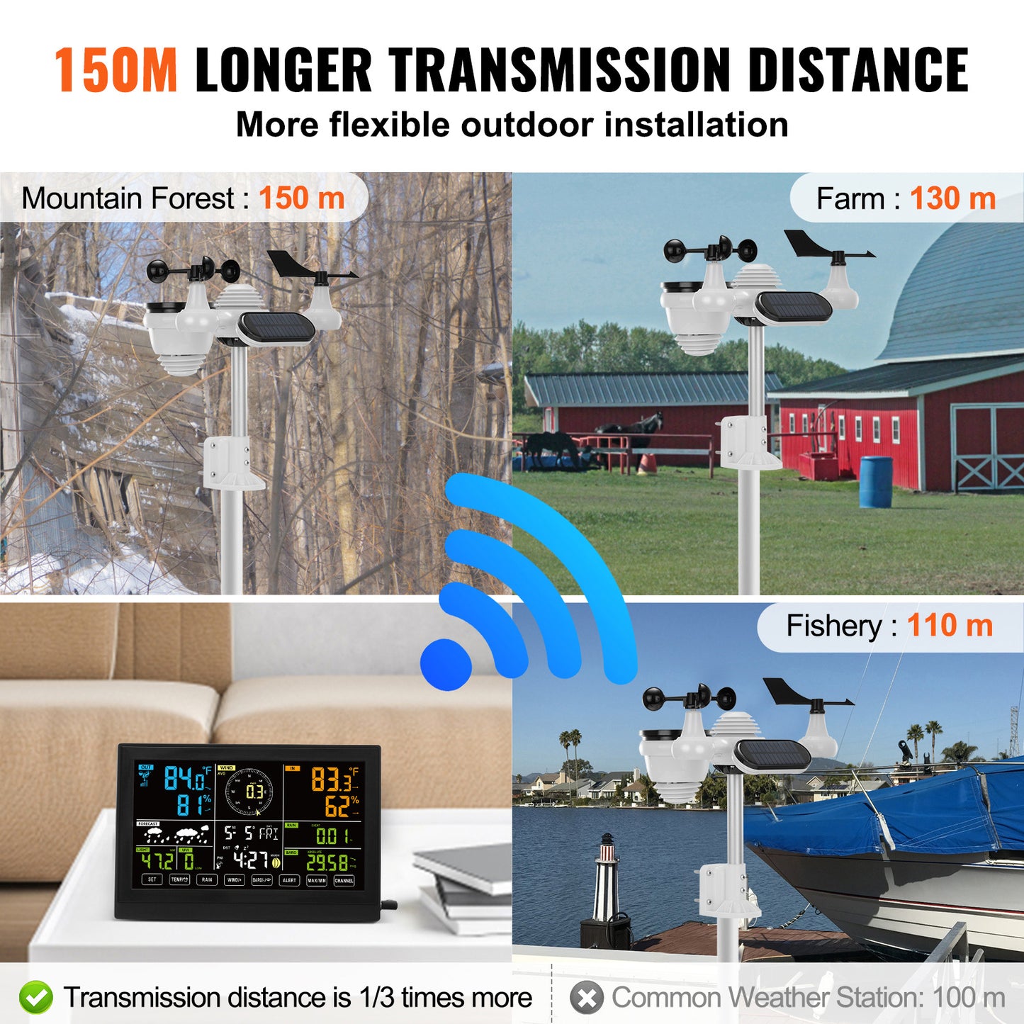 VEVOR 7-in-1 Wireless Weather Station – 7.5" Color Display with Solar Power