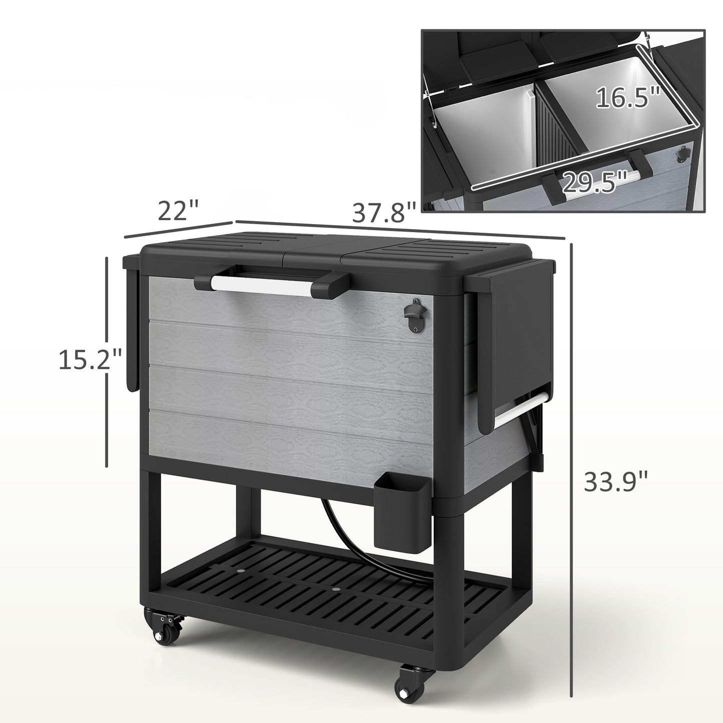 104-Quart Rolling Patio Cooler Cart – 48-Hr Ice Retention, Bottle Opener & Side Tables