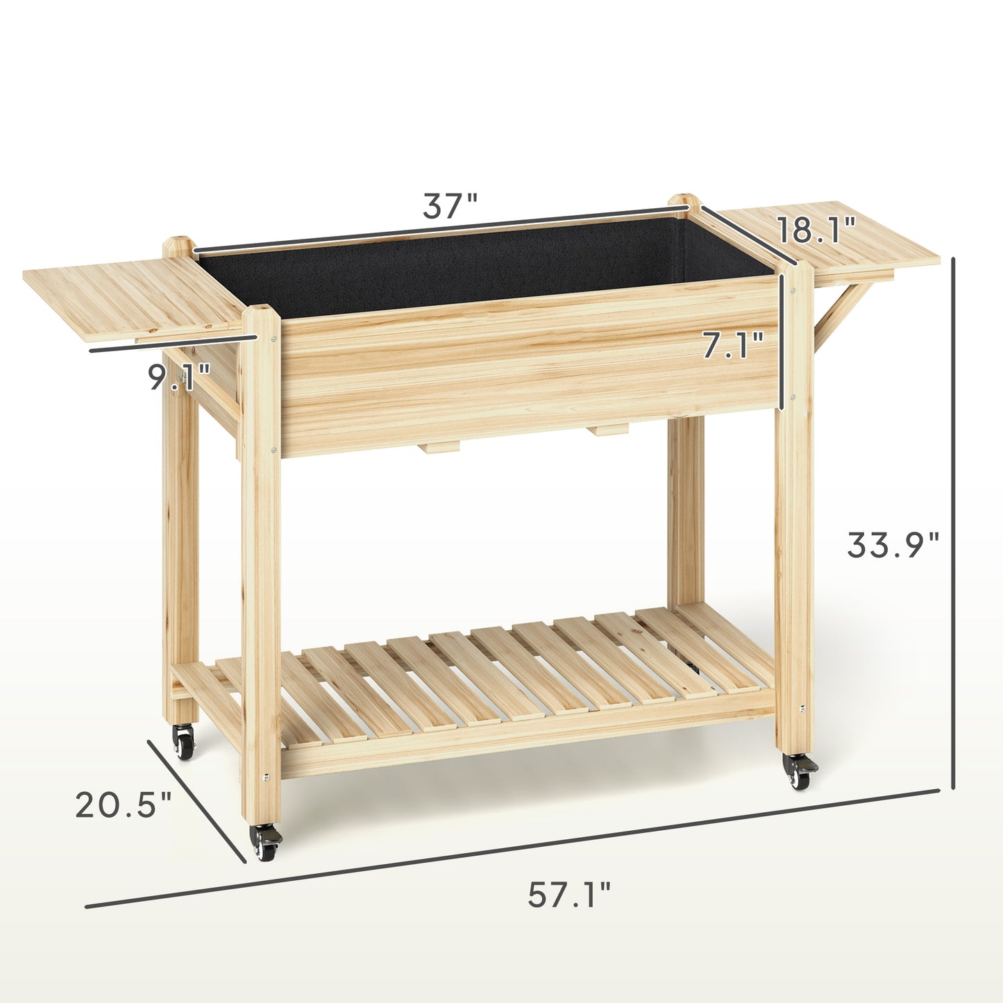 Elevated Raised Garden Bed with Wheels, Side Tables & Storage - Natural Wood