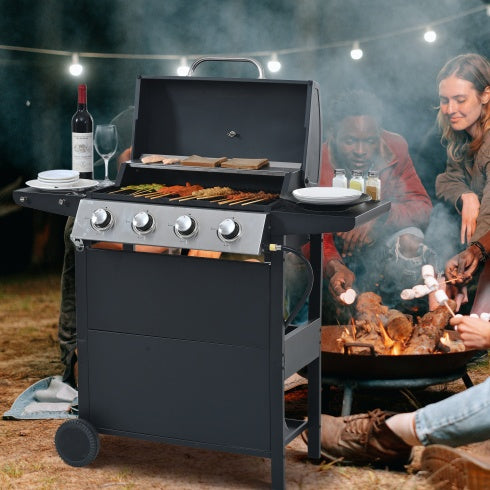 4-Burner Propane Gas Grill - 34,000 BTU Stainless Steel BBQ with Side Shelves