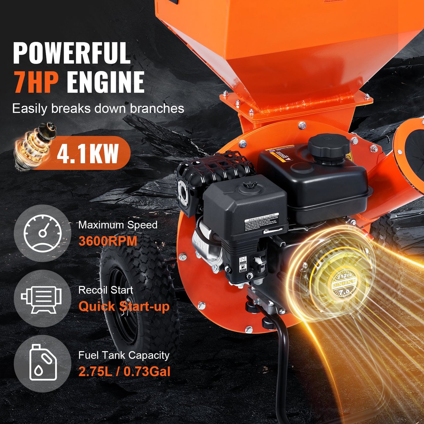 3-in-1 Gas Wood Chipper Shredder Mulcher for 3 Inch Branches with 7HP Engine